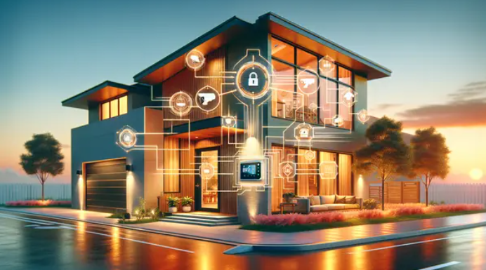 Modern smart home at dusk, illuminated with warm lights. Digital icons overlay representing security and automation features, conveying innovation.