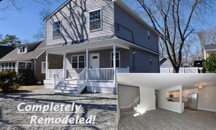 Gray two-story house with white trim and porch, surrounded by leafless trees on a sunny day. Inset shows a modern, bright interior with new flooring. Text reads "Completely remodeled!"