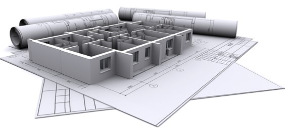 3D architectural model on top of rolled blueprints, showing a detailed floor plan with rooms and walls, conveying precision and planning in construction design.