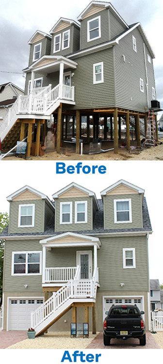 Before-and-after image of a house renovation. Top: house on stilts, under construction. Bottom: finished green house with white trim, two stories.