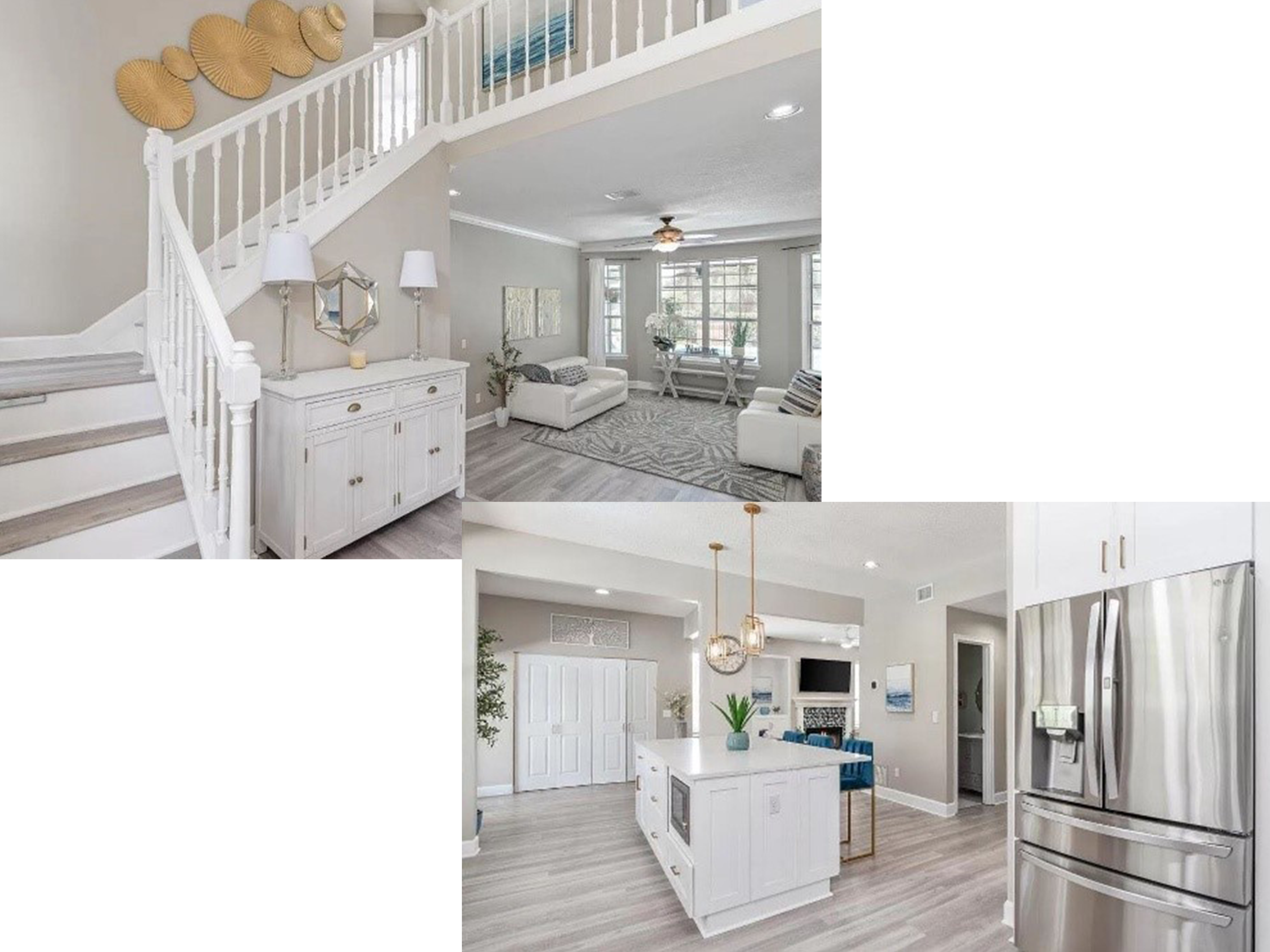 Two images show a modern home interior. The first image features a living room with a light, airy tone, white sofa, and staircase. The second image shows a sleek kitchen with white cabinetry, an island, and stainless steel appliances.