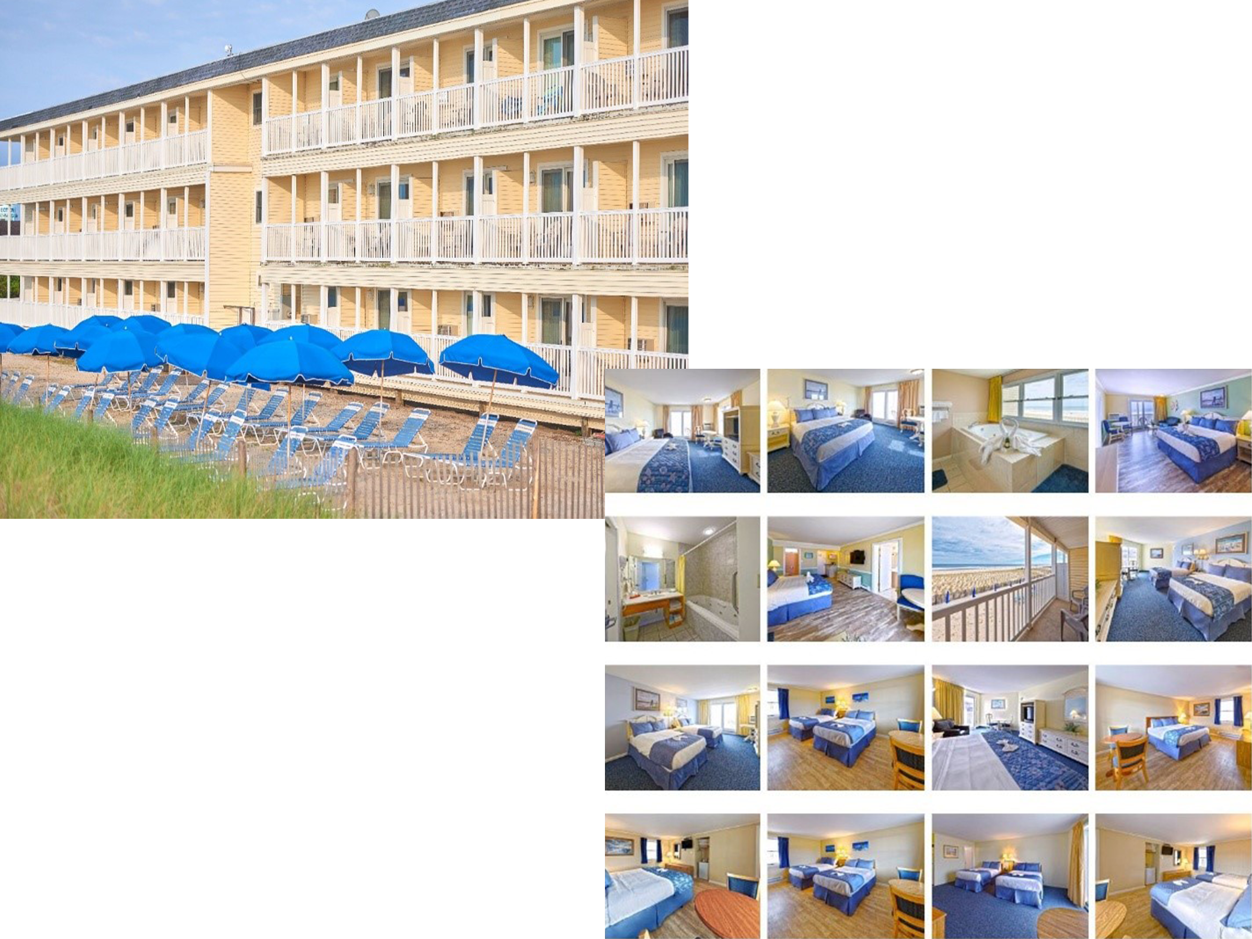 The image features a multi-story yellow resort with balconies and blue umbrellas by the pool. Smaller images show different hotel rooms with blue bedding.