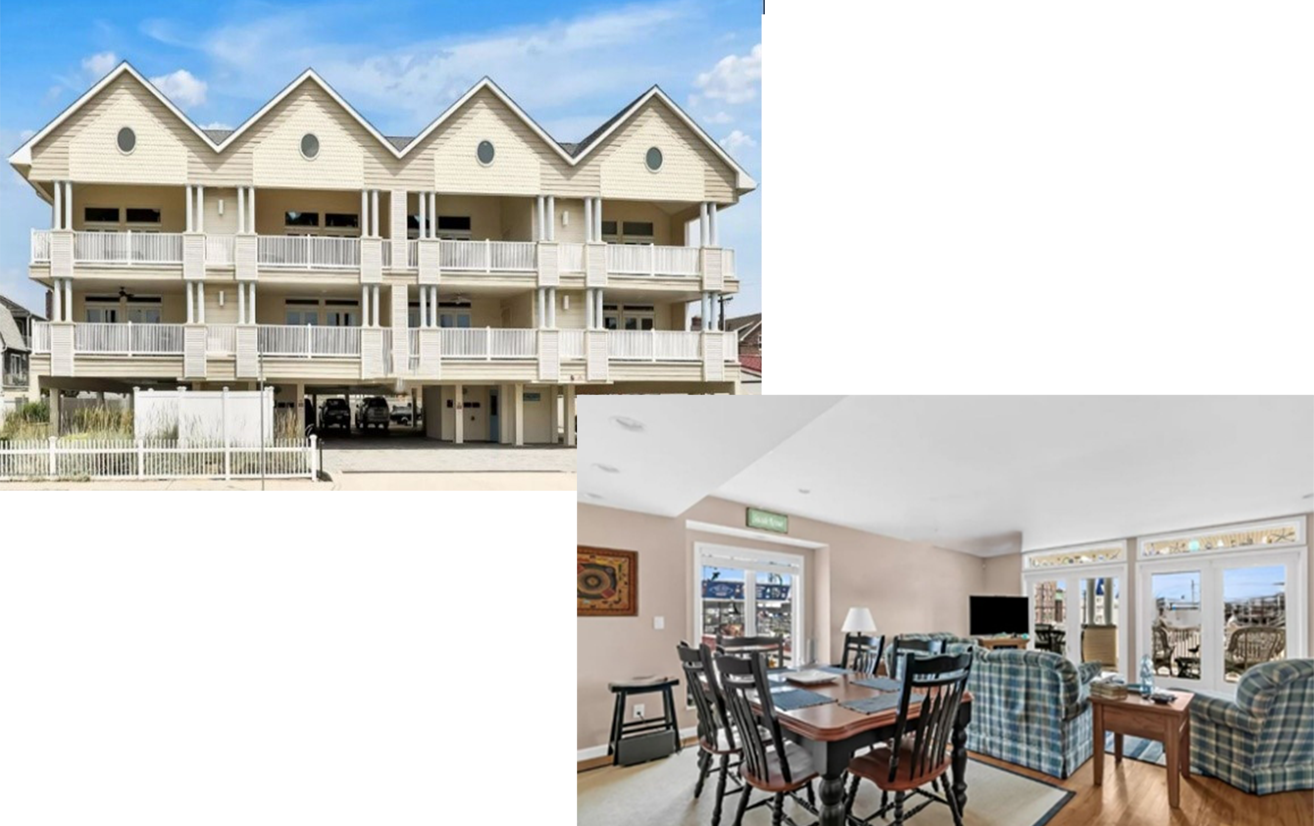 Collage of a three-story building with triangular roofs under a blue sky, and a bright, modern dining room featuring a table, chairs, and light decor.