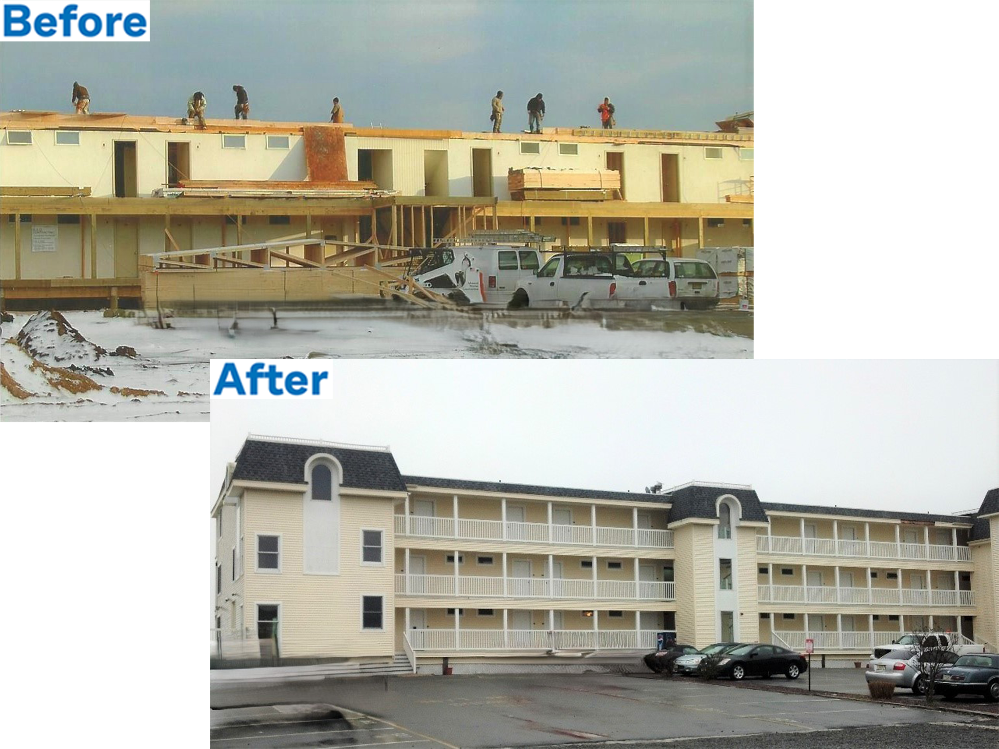 Before and after images of a building. The "Before" shows an incomplete structure with workers. The "After" displays a finished, multi-story hotel.