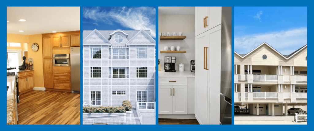 Four photos framed by blue lines: a cozy wood kitchen, a white home, a sleek modern kitchen, and a beige apartment building.