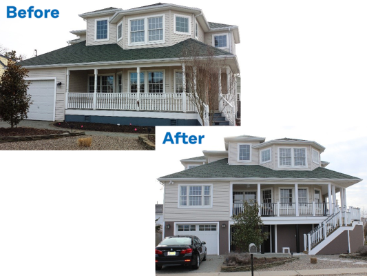 Split image showing a house before and after renovation. The "before" features a plain exterior, while the "after" showcases new siding and landscaping. Text reads "Before" and "After."